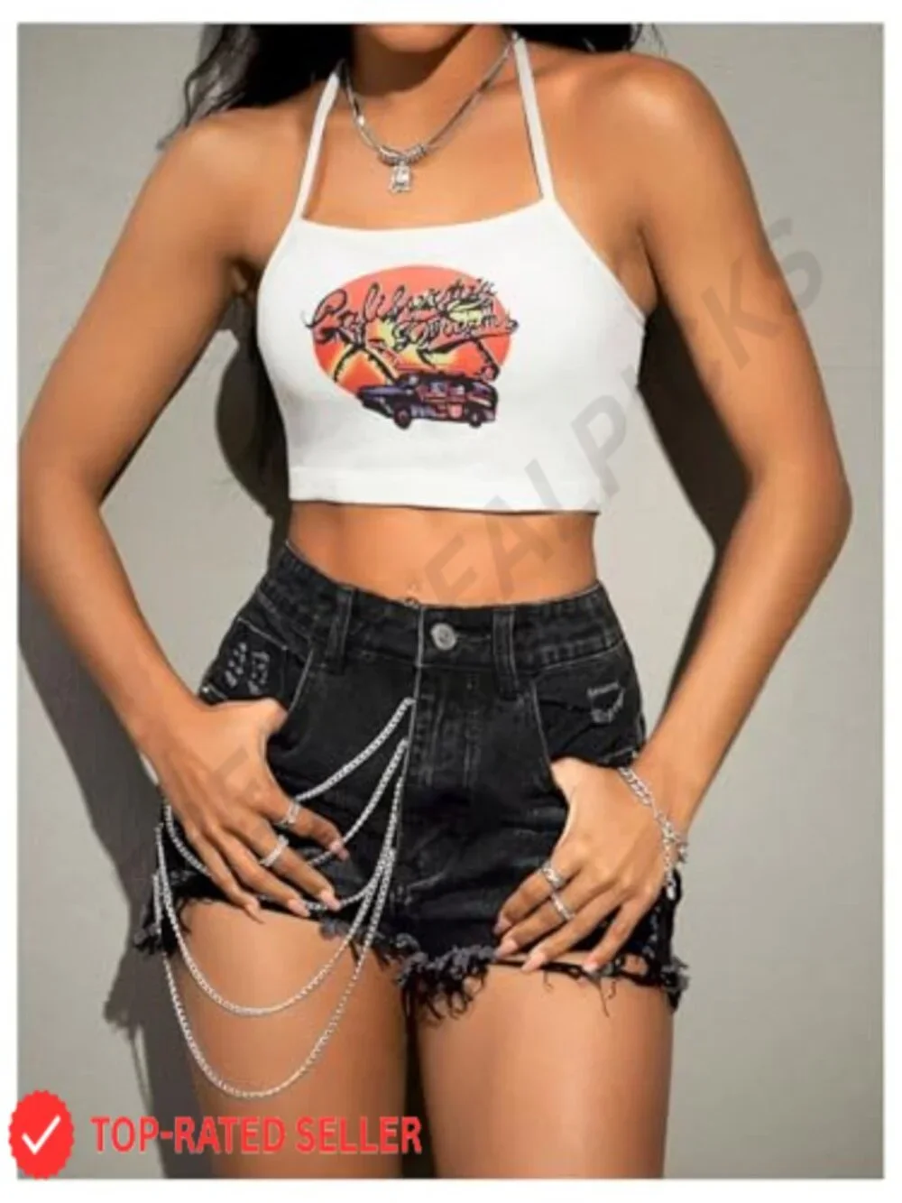 Y2K Ripped Chain Raw Hem Grunge Punk Denim Shorts High Waisted Streetwear Mini